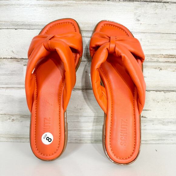 Schutz Sandals Women Size 8 Puffy Fairy Leather Slide Puffed Cross Over Summer - Picture 1 of 5